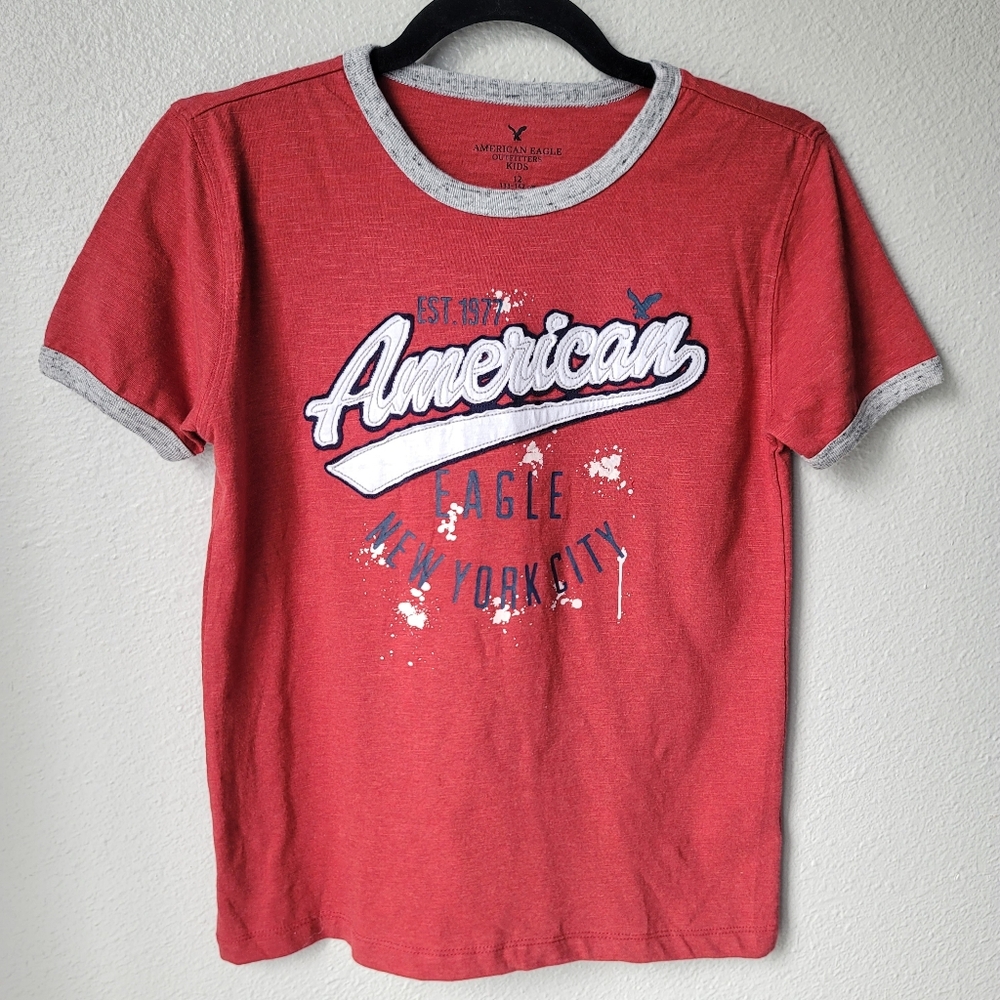 NWT Kid's American Eagle Super Soft Graphic Ringer Short Sleeve Tee Size 12 Red